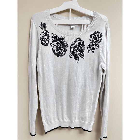 Elle Womens Pullover Crew Neck Beaded Front Stretchy Sweater Beige Sz L - Picture 1 of 6
